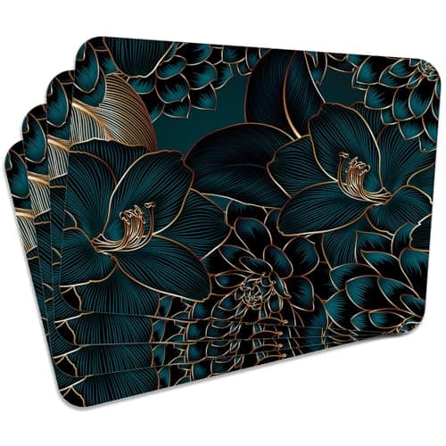 Image of Mg Design Set of 4 Cork Placemats – Golden Florals – 12 x 16 in (30 x 40 cm) – Heat Resistant and Eco-Friendly Dining Table Mats