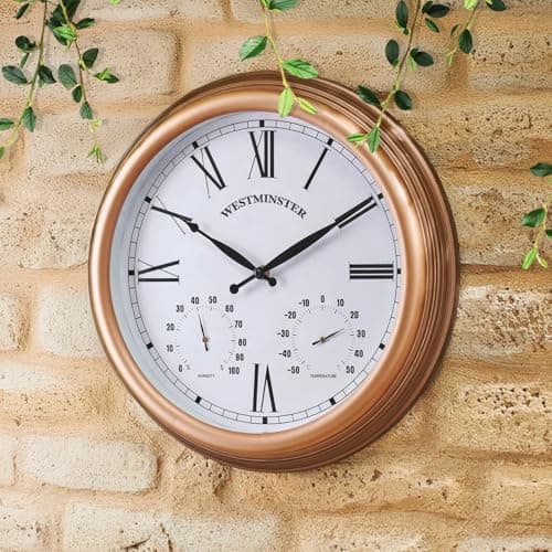 Image of Homezone® Large15in Copper Garden Indoor/Outdoor Wall Clock Decorative Fence Ornament Thermometer Barometer Weatherproof Weather Station Kitchen Home (Copper 40cm Clock)