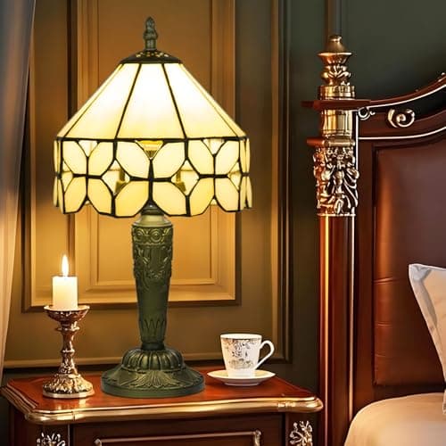 Image of Ppbmocw Small Tiffany Style Lamp,Stained Glass Table Lamp for Living Room,Bedside,Reading,8 inch Vintage Mini Desk Light Included 3 Color Temperatures E27 Bulb (Copper Coins)
