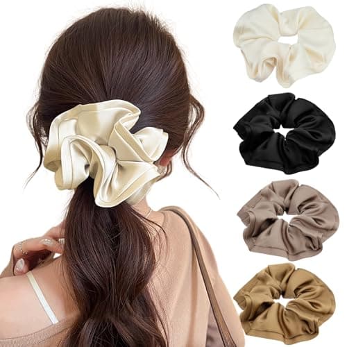 Image of 4 Pcs Large Silk Hair Scrunchies for Women Lengthening Satin Scrunchies for Hair Soft and Silky Hair Ties Hair Bands Elastic Hair Band Ponytail Holders Hair Accessories for Women Girls and Ladies