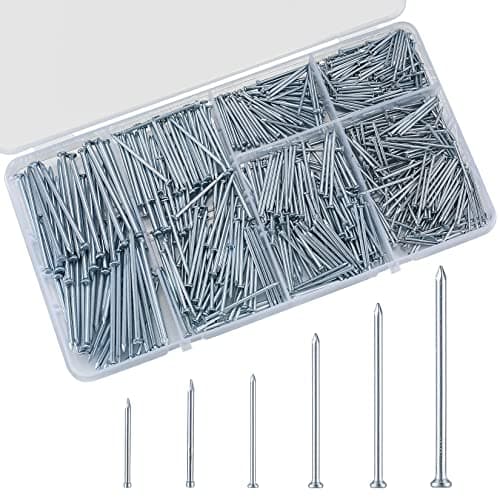 Image of 700 Pcs Assorted Nails, Masonry Nails Zinc Plated, 6 Sizes Wall Nails for Wood,Short & Long Flat Head Headless Head Iron Nails for Hanging Picture Frame Mirror Woodworking Repair DIY