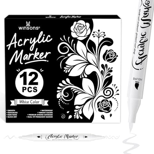 Image of WINSONS White Marker Pens, Acrylic Markers, Paint Pens With Dual Tip Fine And Brush, Waterproof, Non-Toxic, Odorless, Suitable for Paper, Pottery, Stones, 12 PCS
