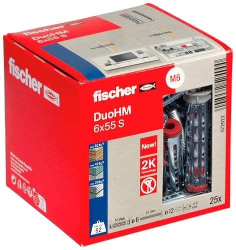 Image of fischer DuoHM 6 x 55 S PZ Cavity Dowels with Metric Panhead Screw and PZ Drive for Attaching TV Brackets, Lights, Wall Shelves, etc. in Panel Building Materials, Pack of 25