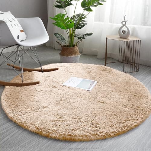Image of AMEHA Round Rug Beige 120x120 cm Fluffy Shaggy Soft Non Slip Circle Area Rugs for Bedroom Nursery, Kids Room