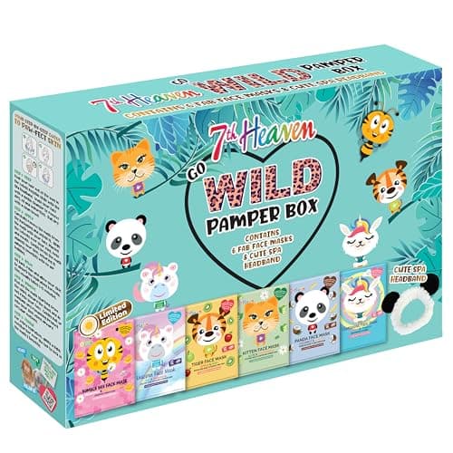 Image of 7th Heaven Go Wild Pamper Box Skincare Gift Set - 6 Printed Animal Face Masks and 1 Panda Headband Childrens Gift