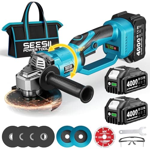 Image of SEESII Cordless Angle Grinder 21V, 115mm Battery Angle Grinder with 180° Handle, Brushless Tool with 2 x 4.0Ah Batteries, for Metal Cutting, Grinding and Tiles Cutting