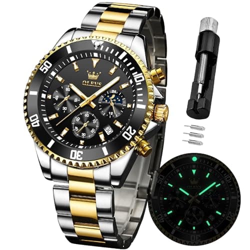 Image of OLEVS Watches for Men Waterproof Designer Luxury Formal Luminous Two Tone Stainless Steel Men's Watch Date Moon Phase Chronograph Quartz Watch Men's Gifts