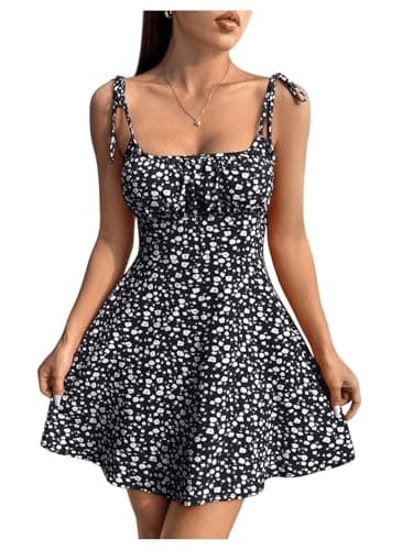 Image of GORGLITTER Women's Floral A Line Flowy Cami Mini Dress Tie Shoulder Ruched Holiday Sundress Black X-Small