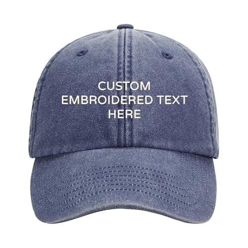 Image of Personalised Embroidered Baseball Cap Custom Name Text Vintage Washed Adjustable Cotton Dad Style Hat Custom Gift for Him Her Mum Dad 15 Colours (Navy Blue)