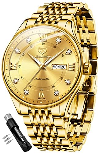 Image of OLEVS Automatic Mens Watches Self Winding Mechanical Business Luxury Dress Wrist Watch Stainless Steel Waterproof Luminous Day Date, 8939: Gold band & Gold dial, G