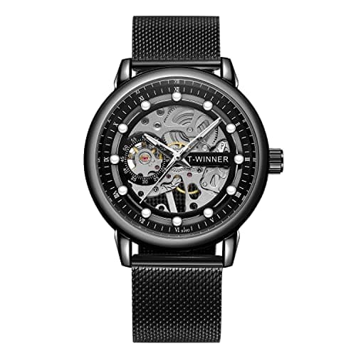 Image of FORSINING Men's Vintage Mechanical Magnetic Band Chronograph Waterproof Skeleton Dial Watch (1-Black)