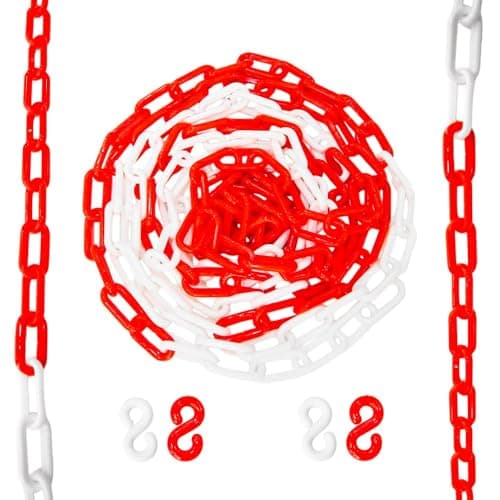 Image of Berry 10 Meter 8MM Plastic Chain - Red and White, Highly Visible Plastic Barrier Chain with 4 Connectable Hooks, Durable Safety Chain for Crowd Control, Construction Sites, and Hazardous Areas