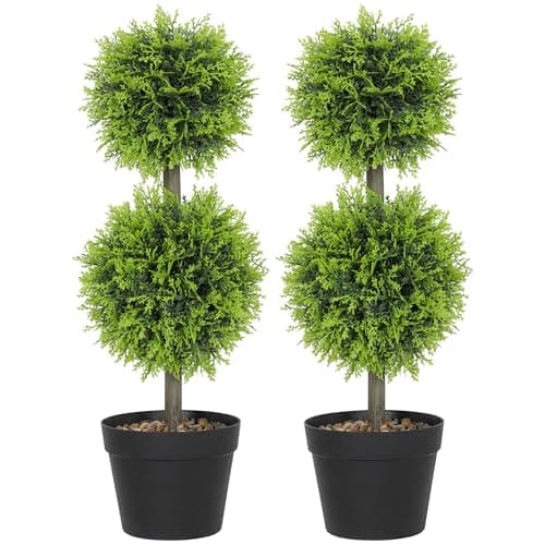 Image of HOMCOM Set of 2 Decorative Artificial Trees, Topiary Ball-shaped Boxwood Trees in Pot with Cypress Leaves, Fake Plants for Home Indoor outdoor Decor, 60cm, 2 Tree Balls
