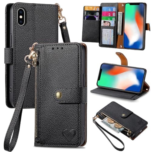 Image of VEEMOS Zipper Wallet Case for Apple iPhone XS Max Phone Case with Purse Card Holders RFID Blocking Leather Flip Case Book Cover Wrist Strap Women - Black