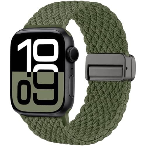 Image of Maledan Braided Strap Compatible with Apple Watch Strap 44mm 45mm 46mm 49mm 42mm - Series 3 2 1, Nylon Stretchy Magnetic Sport Band for iWatch Strap Series 11 10 9 8 7 6 5 4 3 2 1 SE Ultra, ArmyGreen