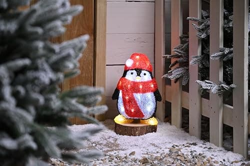 Image of Festive Productions Christmas 30cm Light Up Acrylic Penguin with Scarf – White LED Lights - Christmas Decoration For Home - Festive Christmas Lights - Light Up Christmas Decoration