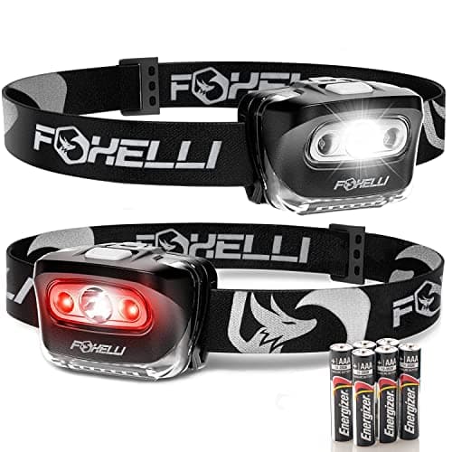 Image of Foxelli LED Head Torch - for Adults & Kids, Running, Camping, Hiking Headtorch Battery Powered with White & Red Light, Lightweight Waterproof Headlamp with Comfortable Headband, Batteries Included