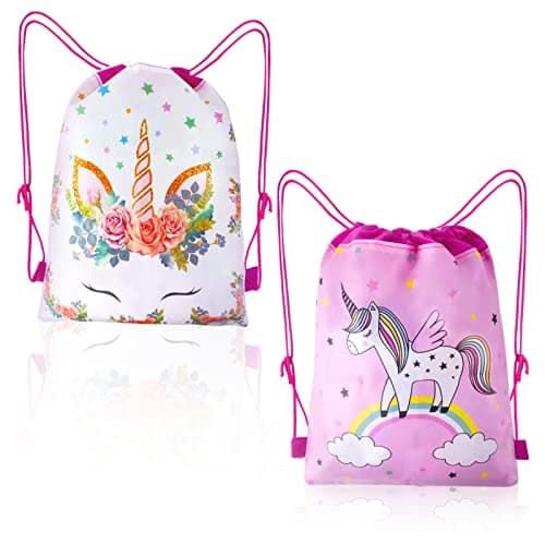 Image of AYNKH 2PCS Unicorn Backpack for Kids, Lightweight Pink Drawstring Waterproof Cartoon Bag for Pool School Camping Trip Outdoor