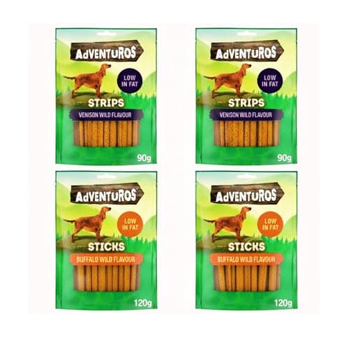 Image of AdVENTUROS LOW FAT Dog Treats Bundle - 2x VENISON Wild Strips 90g and 2x BUFFALO Wild Sticks 120g, Natural Flavoured Dog Chews