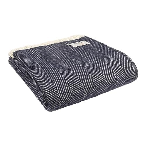 Image of Tweedmill Textiles 100% Pure New Wool Fishbone Throw, Navy, 150x180cm