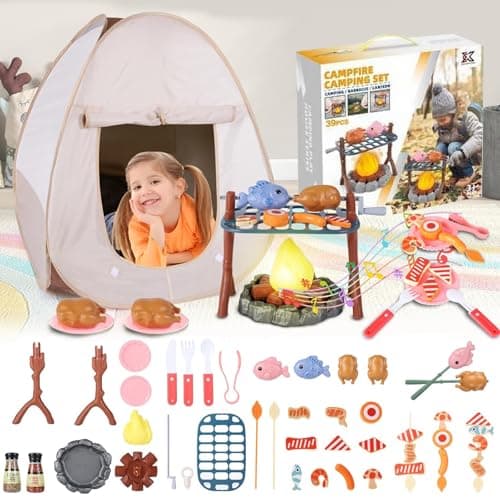 Image of Kids Play Tent with Campfire Set, 39Pcs Pretend Play Camping Toys for Children Realistic BBQ Accessories Includes Play Food, Utensils & Cutting Toys for Indoor/Outdoor Role Play for Boys & Girls