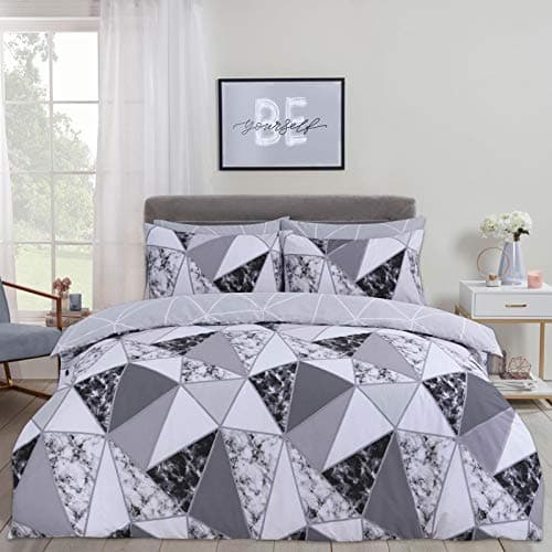 Image of Dreamscene Marble Geometric Duvet Cover with Pillow Case Bedding Set Reversible Shapes, Charcoal Grey - King