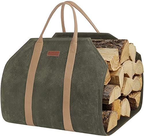 Image of ZORMY Waxed Canvas Log Carrier Tote Bag, Extra Large Durable Firewood Holder with Handles and Shoulder Strap, Heavy Duty Wood Carrying Bag for Fireplaces & Wood Stoves (Green)