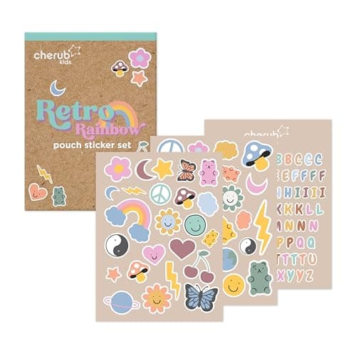 Image of Cherub Baby Dishwasher Safe Stickers for Kids (130+ Counts) | Waterproof DIY Labels for Water Bottles, Lunchbox | 3 Sheets with Retro Rainbow Decals