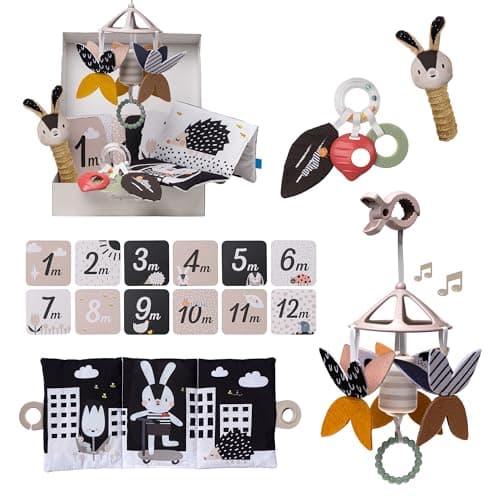 Image of Taf Toys Black & White Newborn Gift Set. 10 High-Contrast Baby Toys for Newborns Includes Mobile, Sensory Book Rattle & More. Essential Tummy Time Toys. Ideal for Infants Boys & Girls 0 Months +