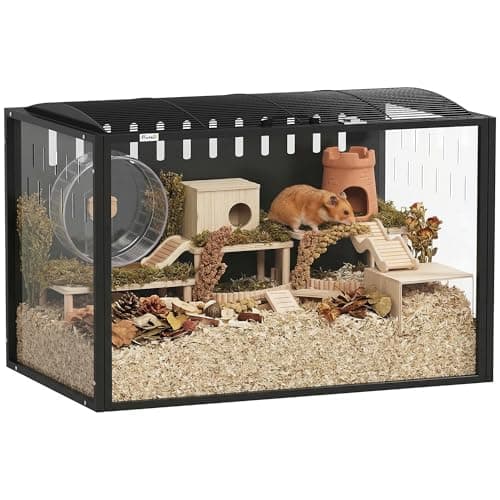 Image of PawHut Hamster Cage Steel Frame Chewproof, Large Rat Cage with Openable Top, Deep Burrow, Transparent Small Animal Habitat for Dwarf Syrian Hamster, Gerbil, Rats, 81L x 51W x 53H cm