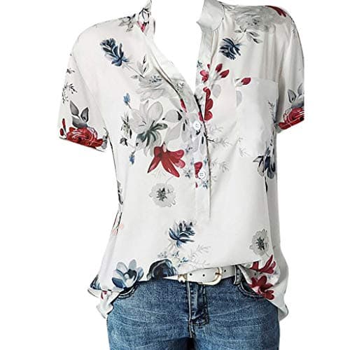 Image of Xmiral Blouse Tops Ladies Henry Collar Flower Print Short Sleeve/Long Sleeve T-Shirt Elegant Wild Casual Shirt Top Sweatshirts Polo Shirt Tank Top(a White,XXL)