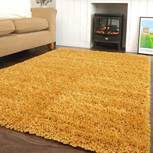 Image of Modern Super Soft Mustard Yellow Shaggy Shag Area Rug Thick Lounge Living Room Bedroom Nursery Mat Carpet Ochre Rugs 120cm x 170cm