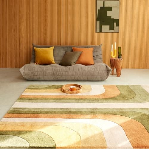 Image of Lord of Rugs Modern Retro Hand-Tufted Rug for Living Room & Bedroom: Luxuriously Soft, 100% Recycled Yarns, Sustainable Home Decor Romy Rug 02 Retro Green X-Large 200x290 cm (6'7"x9'6")
