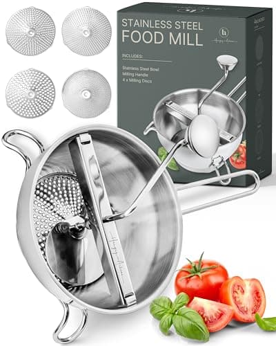Image of Upgraded 4-Disc Stainless Steel Food Mill – Ergonomic Rotary Design for Tomato Sauce, Applesauce, Baby Food, Mashed Potatoes, Jams, and More
