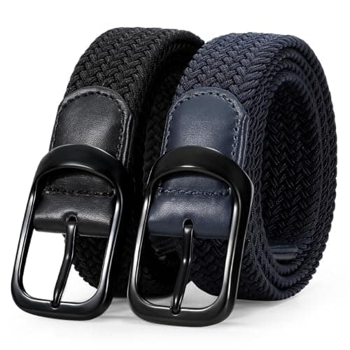 Image of WERFORU 2 Pack Stretch Woven Belts Men's Elastic Braided Belt 1 3/8 Casual Golf Belt for Jeans Pants Black+Navy Blue