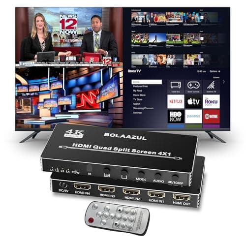 Image of HDMI Multiviewer Switch 4K 4X1, BolAAzuL Quad Multi-Viewer 4 in 1 out HDMI Switcher Split Screen Seamless Switching with IR Remote, 5 Viewing Modes, 1080P, for PS4 DVD Camera PC to TV Monitor