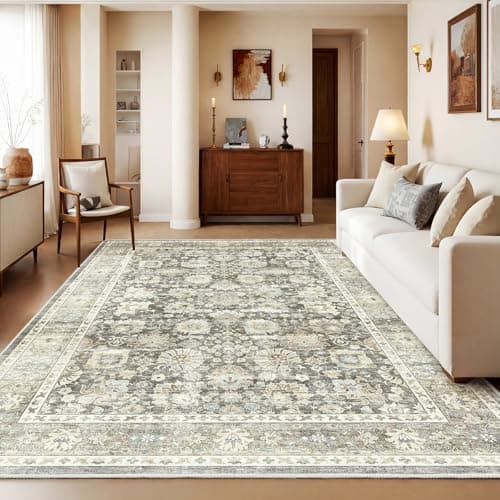 Image of HOMFINE Vintage Washable Rugs for Living Room - 120x170cm Grey Area Rug for Bedroom Living Room Traditional Printed Design, Low Pile, Non-Slip, Non-Shedding