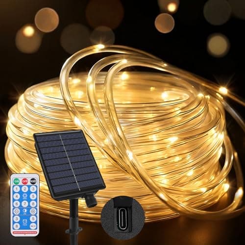 Image of Joollurm Outdoor Rope Lights 65.6ft/20m 200 LEDs, Dual Solar & Type-C Charging, 8 Lighting Modes with Remote Timer, Waterproof String Lights for Garden Yard Party Christmas Decoration- Warm White