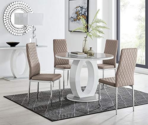 Image of Furniturebox UK Giovani Modern Stylish Grey/White High Gloss and Glass 100cm Round Dining Table and 4 Contemporary Milan Chairs Set (Dining Table + 4 Cappuccino Grey Milan Chairs)
