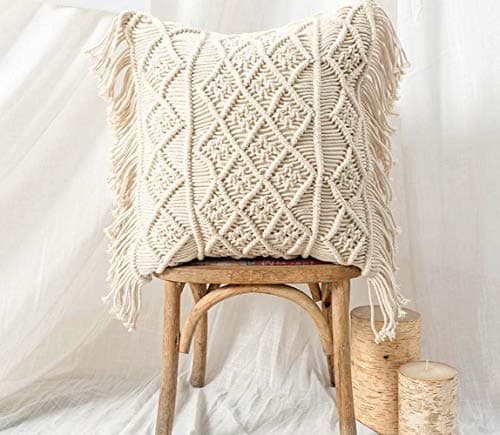Image of pepme Cotton Macrame Hand-Woven Knitted Square Pillow Cushion Cover with Side Tassels (Off-White, 18x18 Inches)