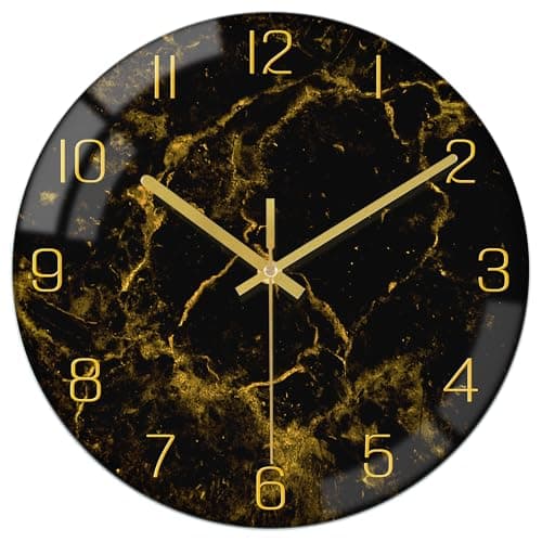 Image of VIKMARI Black Gold Modern Marble Texture 12 Inch Wall Clock with Gold Hands - Silent Non-Ticking, Battery Operated, Round, Quartz Clocks- Rustic Decor for Kitchen, Bedroom, Living Room & Office