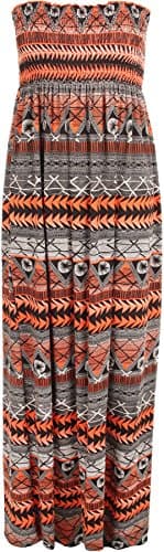 Image of WearAll Plus Size Womens Printed Bandeau Strapless Shirred Ladies Long Maxi Dress - Orange - 16-18