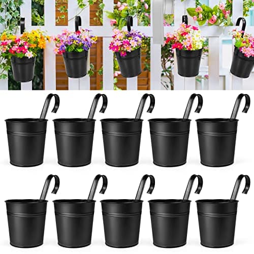 Image of OGIMA 10pcs Hanging Flower Pots, Metal Iron Wall Planter Indoor/Outdoor for Railing Fence Balcony Garden Home Decoration with Detachable Hooks