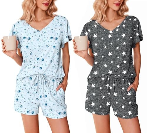 Image of Ekouaer Ladies Pyjamas 2 Pack Nightwear Sommer Pjs Sets Ruffle Sleeves Top and Shorts Loungewear,Light Blue Stars + Dark Gray Stars, S
