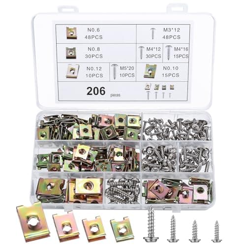 Image of 206 Pcs Auto Screw and Nut Clip Kit, Metal U Clips and Car Body Undertray Fender Screws, Metal Retainer Clips and Self Tapping Screws and U-type Fastener Clip for Car Bumper Door Trim