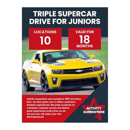 Image of Activity Superstore Triple Supercar Drive for Juniors Gift Experience Voucher, Minimum age 10 Years, Available at 10 UK Locations, Driving Experience Days, Kids Birthday Gifts, Car Gifts