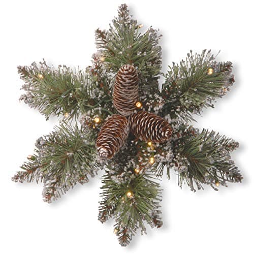 Image of National Tree Company lit Artificial Christmas Star-Shaped Wreath Includes Pre-strung White LED Lights Glittery Bristle Pine-14 Inch