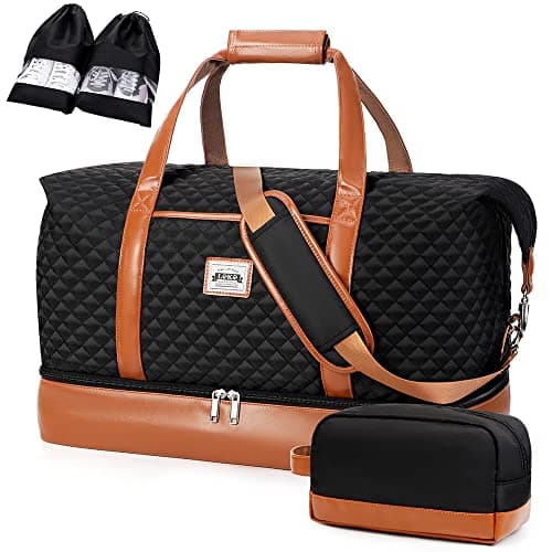 Image of Lekesky Travel Holdall Bag for Women - with Separate Shoe Compartments for Weekend, Overnight, Gym, Sports or Hospital(Black Quilted)