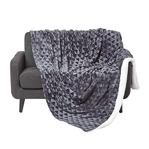 Image of HOMESCAPES Patterned Sherpa Fleece Throw Blanket - Soft Velvet Sofa Throw, Warm Fluffy Blanket For Beds, Thick & Cosy Reversible Blankets, Triangular Geometric Design - Dark Grey, 160 x 200cm