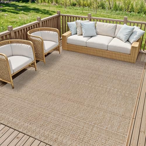 Image of Livabliss Mimi Altea Geometric Indoor Outdoor Carpet 200x275 cm, Large Boho Pattern for Patio, Deck & Garden, UV Resistant Weather & Stain Durable, Easy Care Floor Carpet, Beige Brown